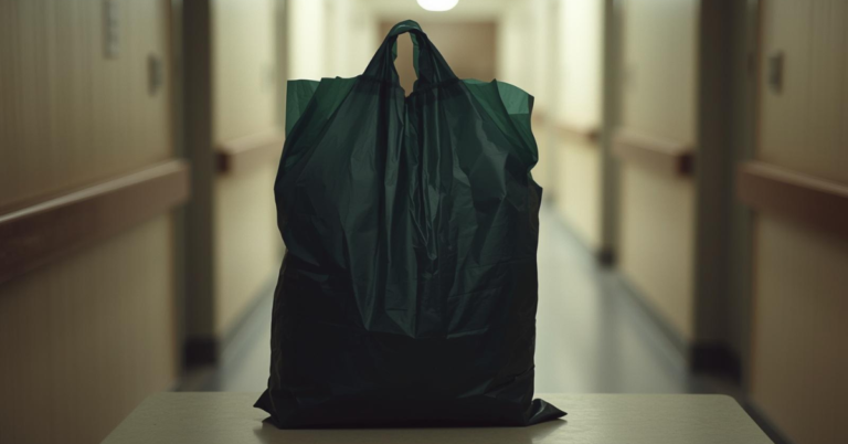 A stuffed plastic bag in an institutional corridor — everything an adopted child owned at the end of her adoption journey