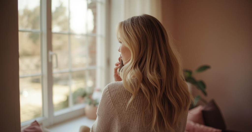 Adoptive mom standing by a window making a phone call during her adoption journey