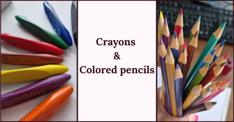 Colorful wax crayons and a bundle of colored pencils side by side, illustrating the two main drawing tools for kids at every stage of development